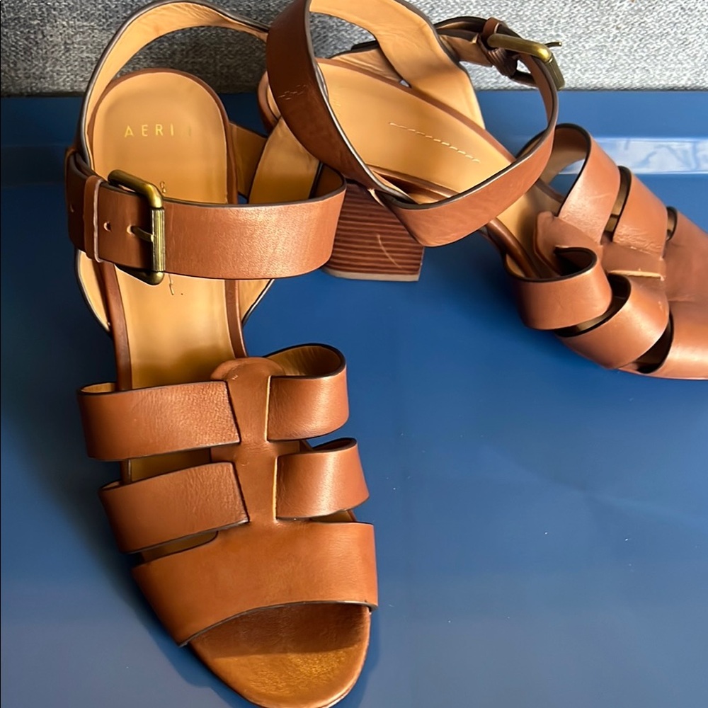 Aerin Tan Heels with Chunky Straps and Block Heel